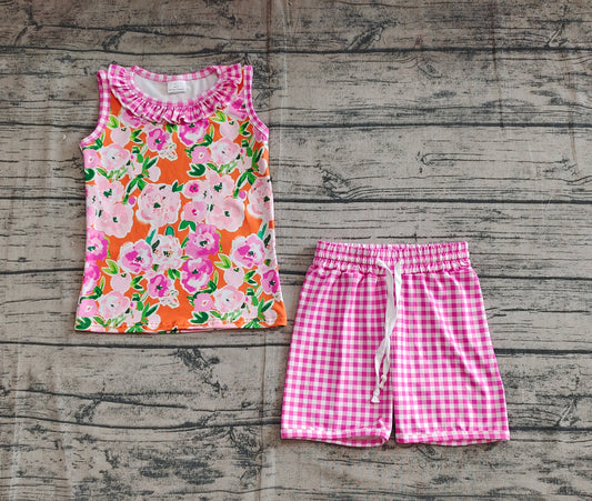 Sleeveless floral top pink plaid shorts girls summer clothes