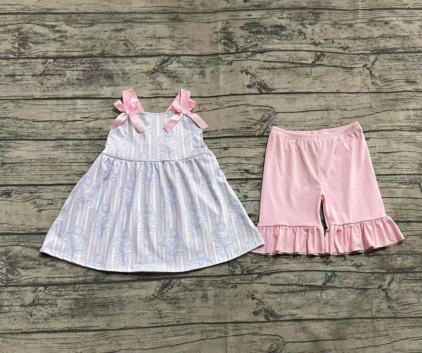 Straps stripe floral tunic ruffle shorts girls outfits