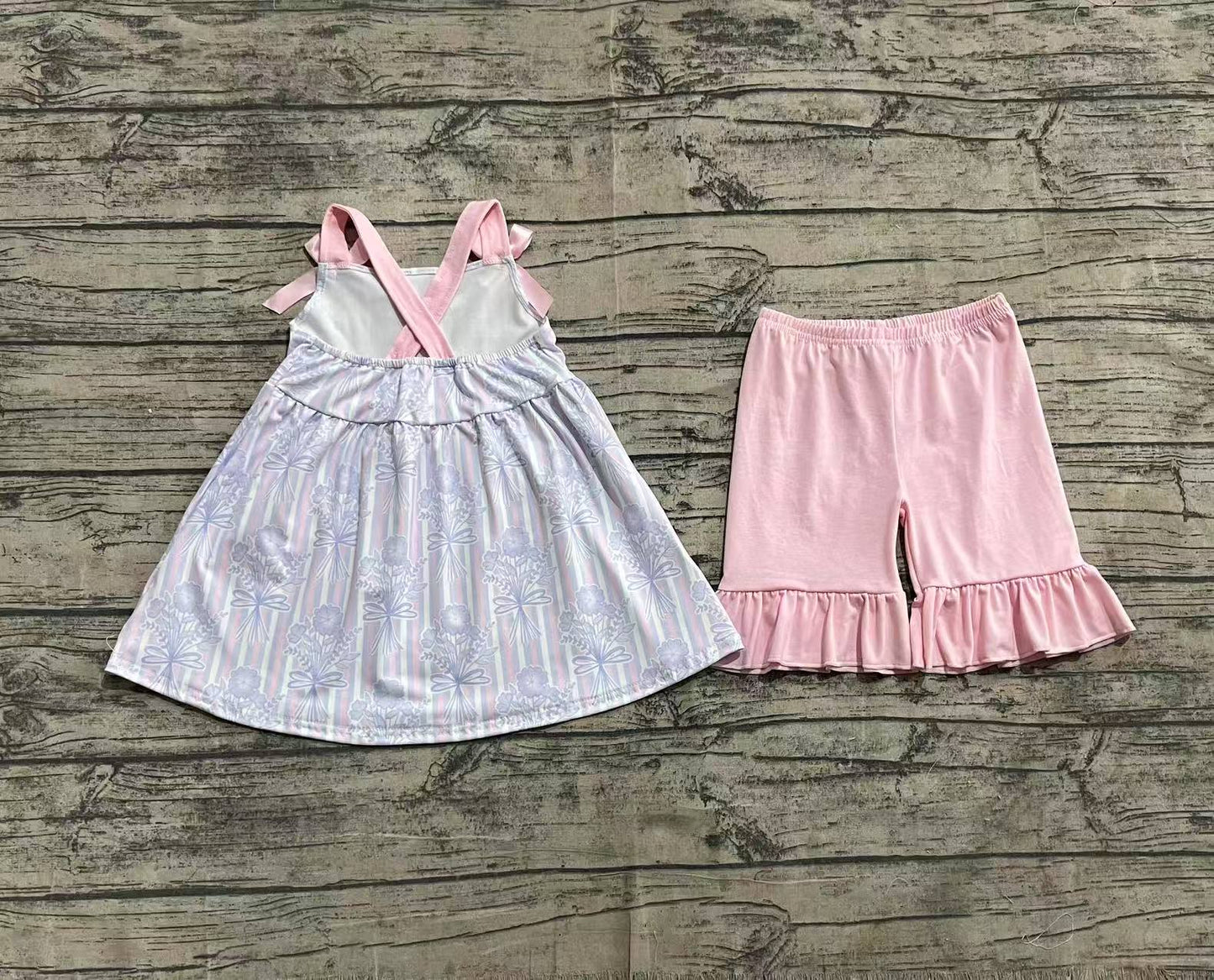Straps stripe floral tunic ruffle shorts girls outfits