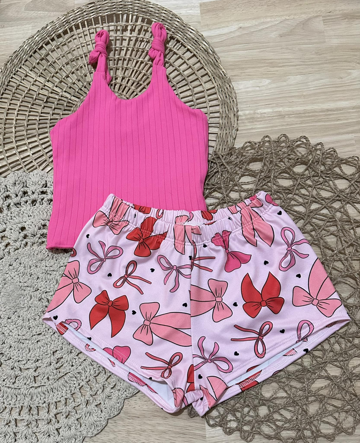 Hot pink straps top bow shorts kids girls clothing set