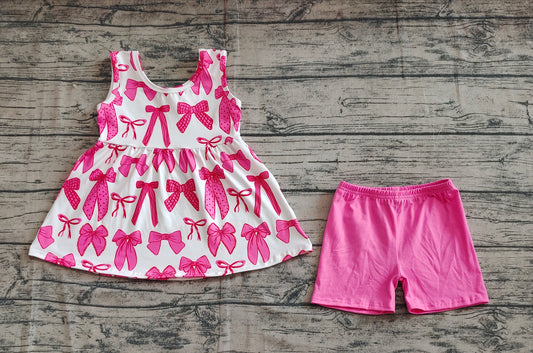 Sleeveless pink bow tunic shorts girls summer clothes