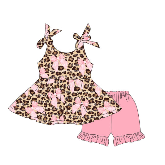 Straps leopard bow tunic pink shorts girls clothing