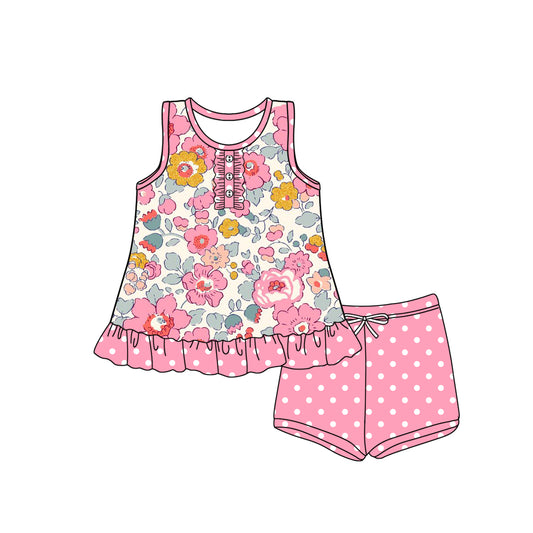 Sleeveless pink floral top polka dots shorts girls clothing