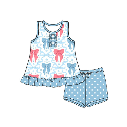 Sleeveless pink blue bow top polka dots shorts girls clothes