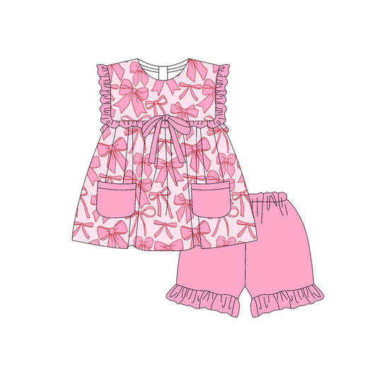 Pink ruffle pockets bow baby girls clothing set