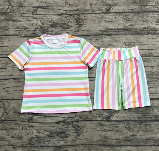 Short sleeves colorful stripe top shorts girls summer clothes