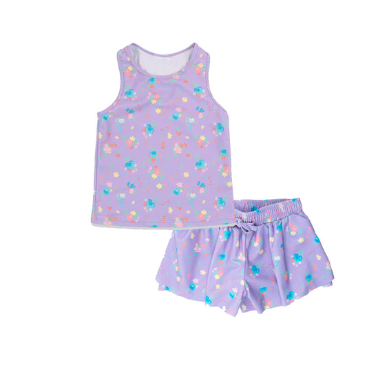 Sleeveless lavender floral top shorts kids girls active wear