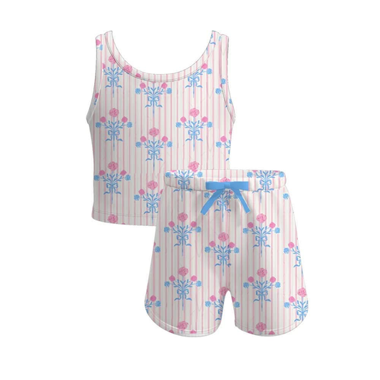 Sleeveless pink stripe floral kids girls summer clothes