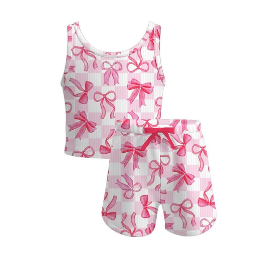 Sleeveless pink bow plaid kids girls summer clothes