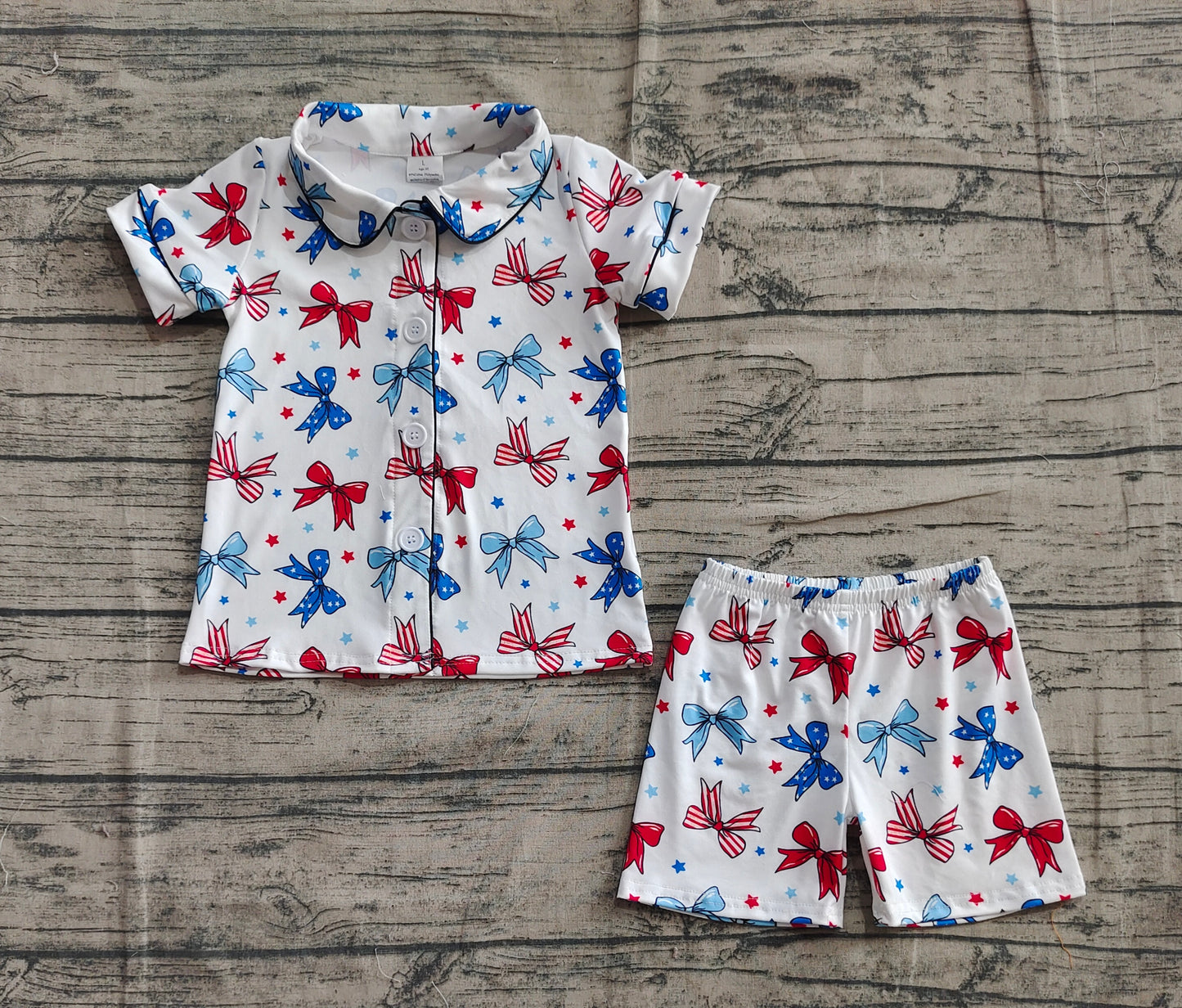 Short sleeves blue red bow kids girls 4th of july pajamas