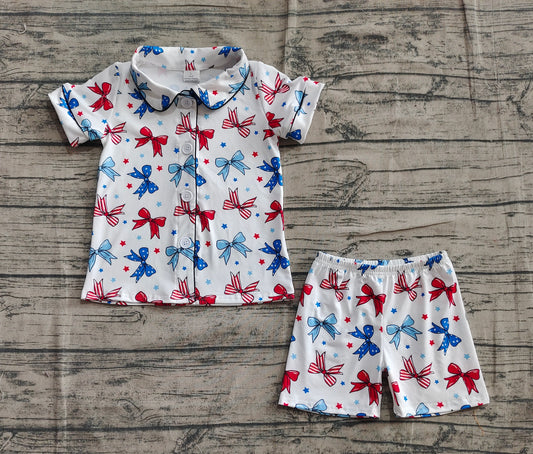 Short sleeves blue red bow kids girls 4th of july pajamas