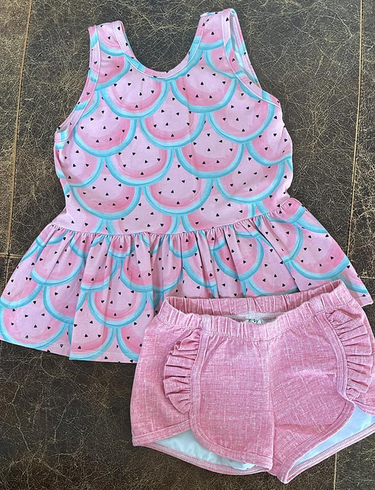 Sleeveless watermelon peplum shorts kids girls summer clothes