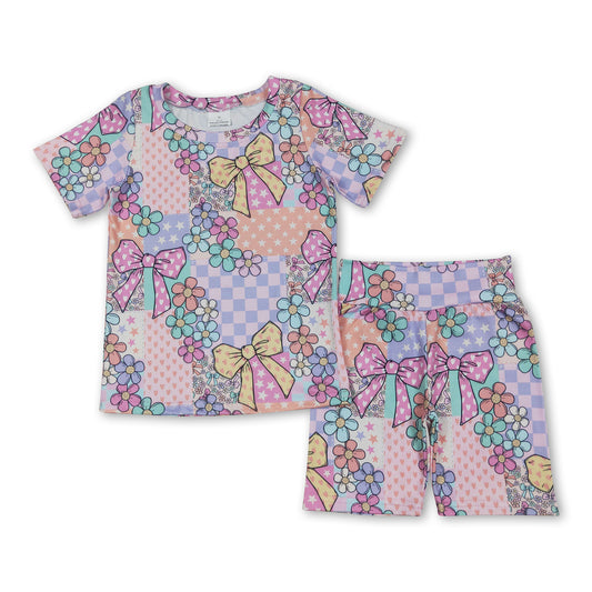 Short sleeves stars bow floral top shorts girls clothing