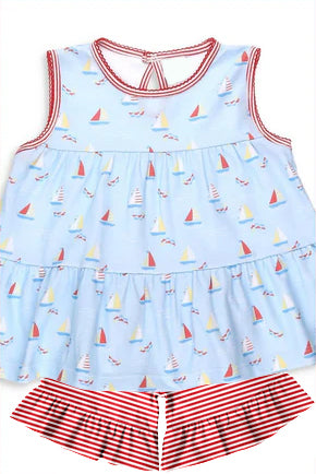Sleeveless patchwork boat ruffle stripe kids girls outfits