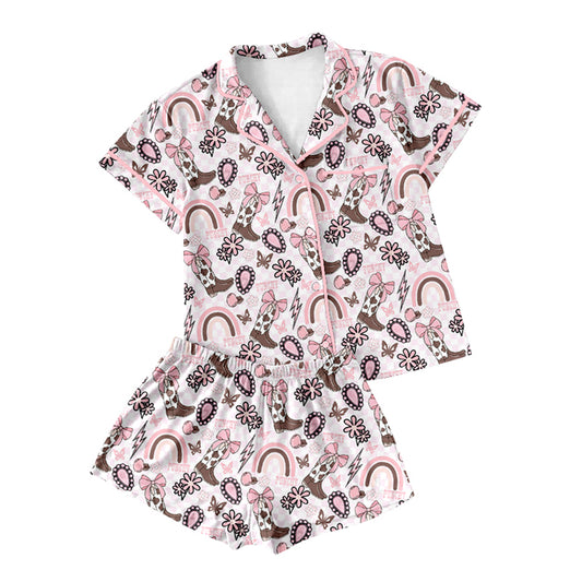 Pink bow boots rainbow adult women button down pajamas