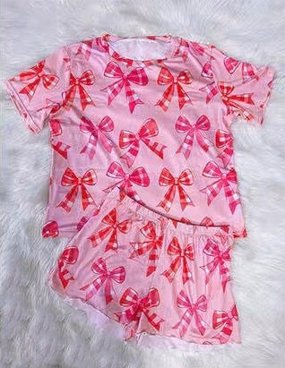 Pink short sleeves plaid bow kids girls summer pajamas