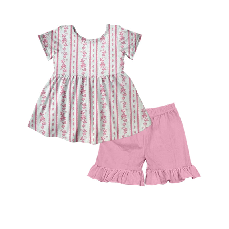 Short sleeves pink floral tunic shorts girls summer outfits
