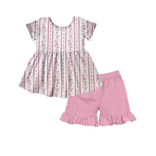 Short sleeves pink floral tunic shorts girls summer outfits