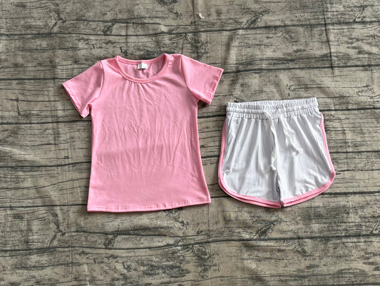 Short sleeves pink top stripe shorts kids girls clothes