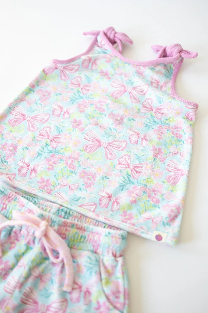 Sleeveless pink bow floral top shorts girls clothing set