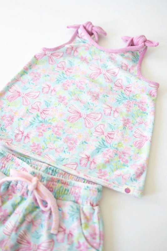 Sleeveless pink bow floral top shorts girls clothing set