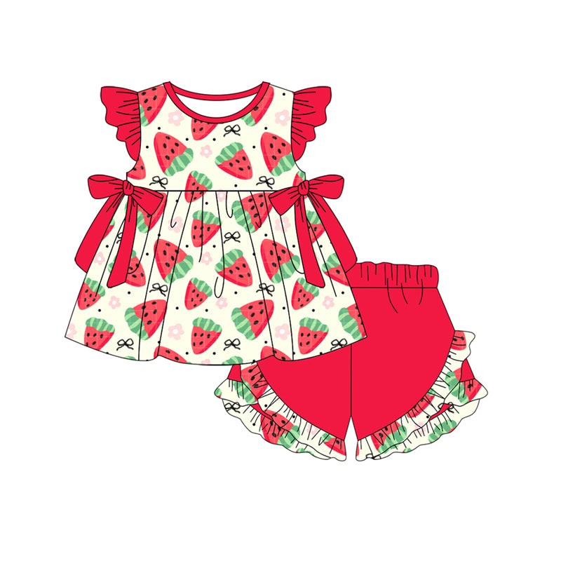 Watermelon bow tunic ruffle shorts girls summer clothes