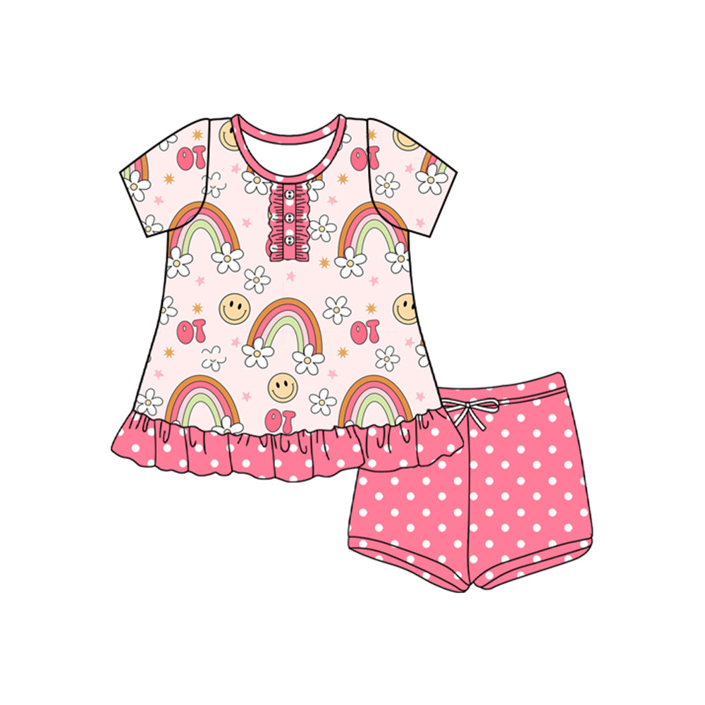 Short sleeves rainbow smile floral top shorts girls clothes