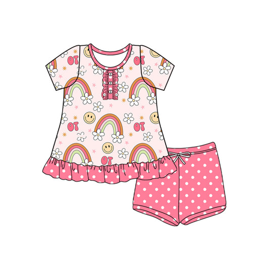 Short sleeves rainbow smile floral top shorts girls clothes