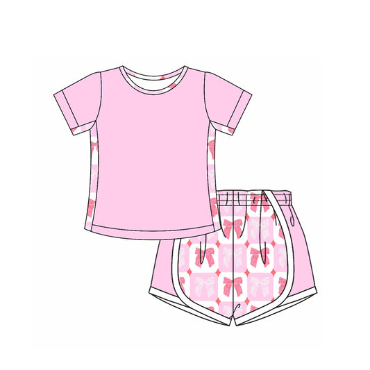Short sleeves pink bow patchwork toddler girls clothing