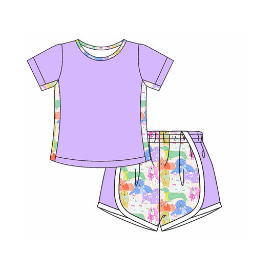 Short sleeves purple dog bow patchwork toddler girls clothes
