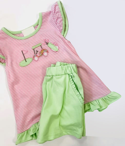 Pink stripe golf top green shorts kids girls clothes
