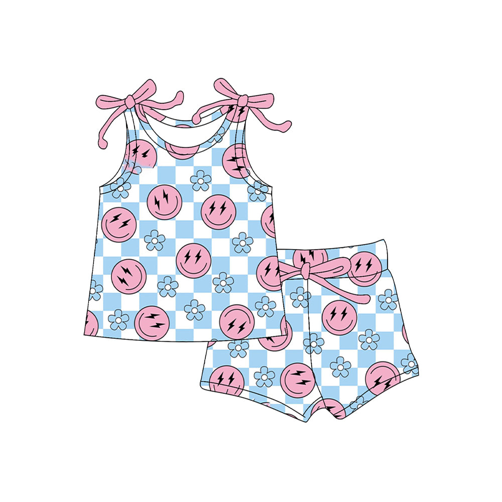 Sleeveless plaid smile floral top shorts girls clothing