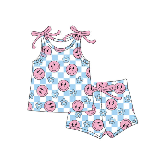 Sleeveless plaid smile floral top shorts girls clothing