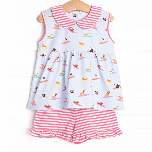 Sleeveless dog tunic stripe girls summer outfits