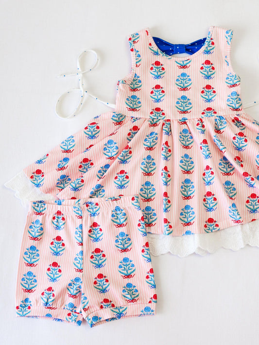 Sleeveless stripe floral bow tunic shorts kids girls clothes