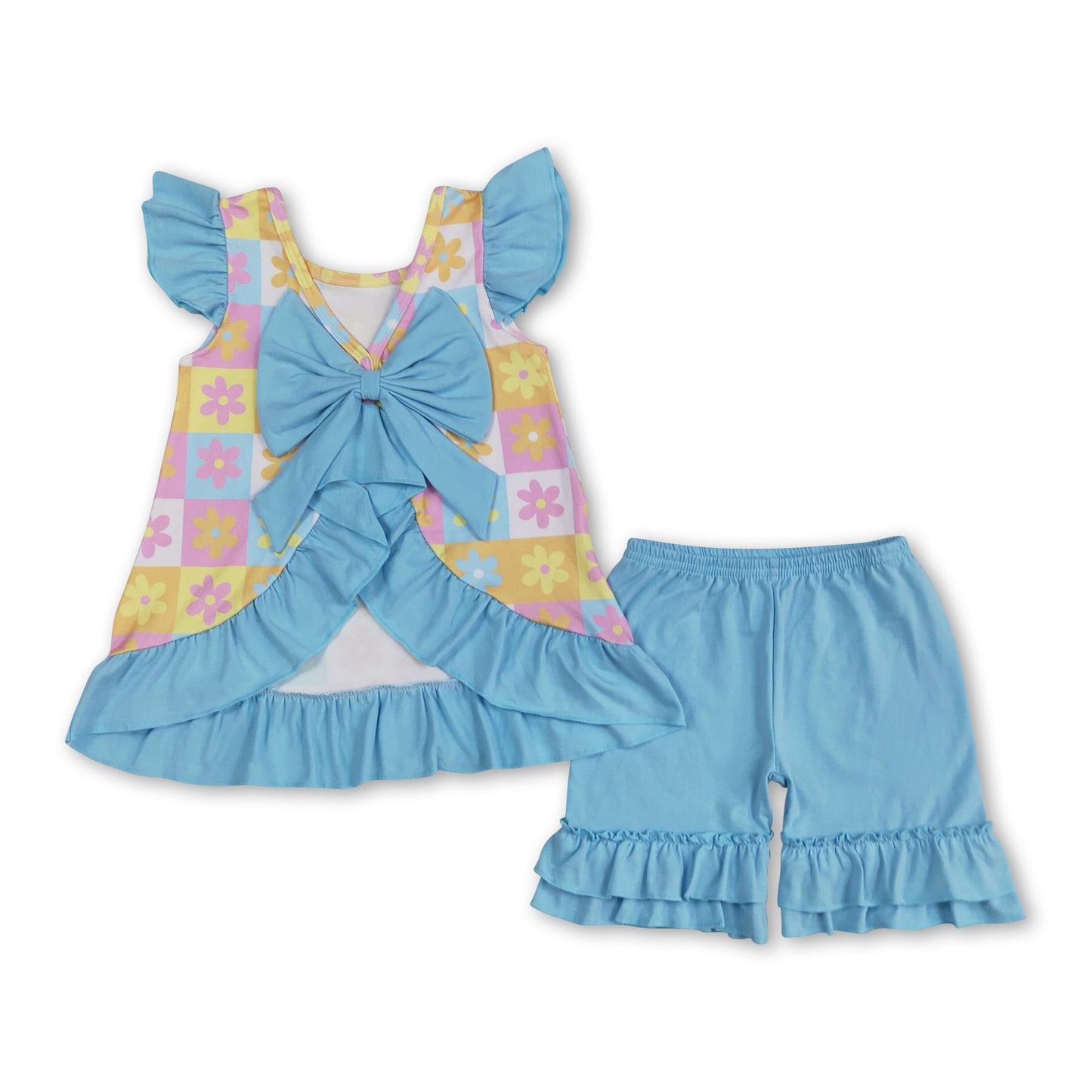 Colorful floral tunic ruffle shorts girls summer clothes