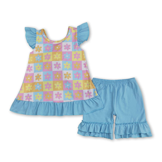 Colorful floral tunic ruffle shorts girls summer clothes