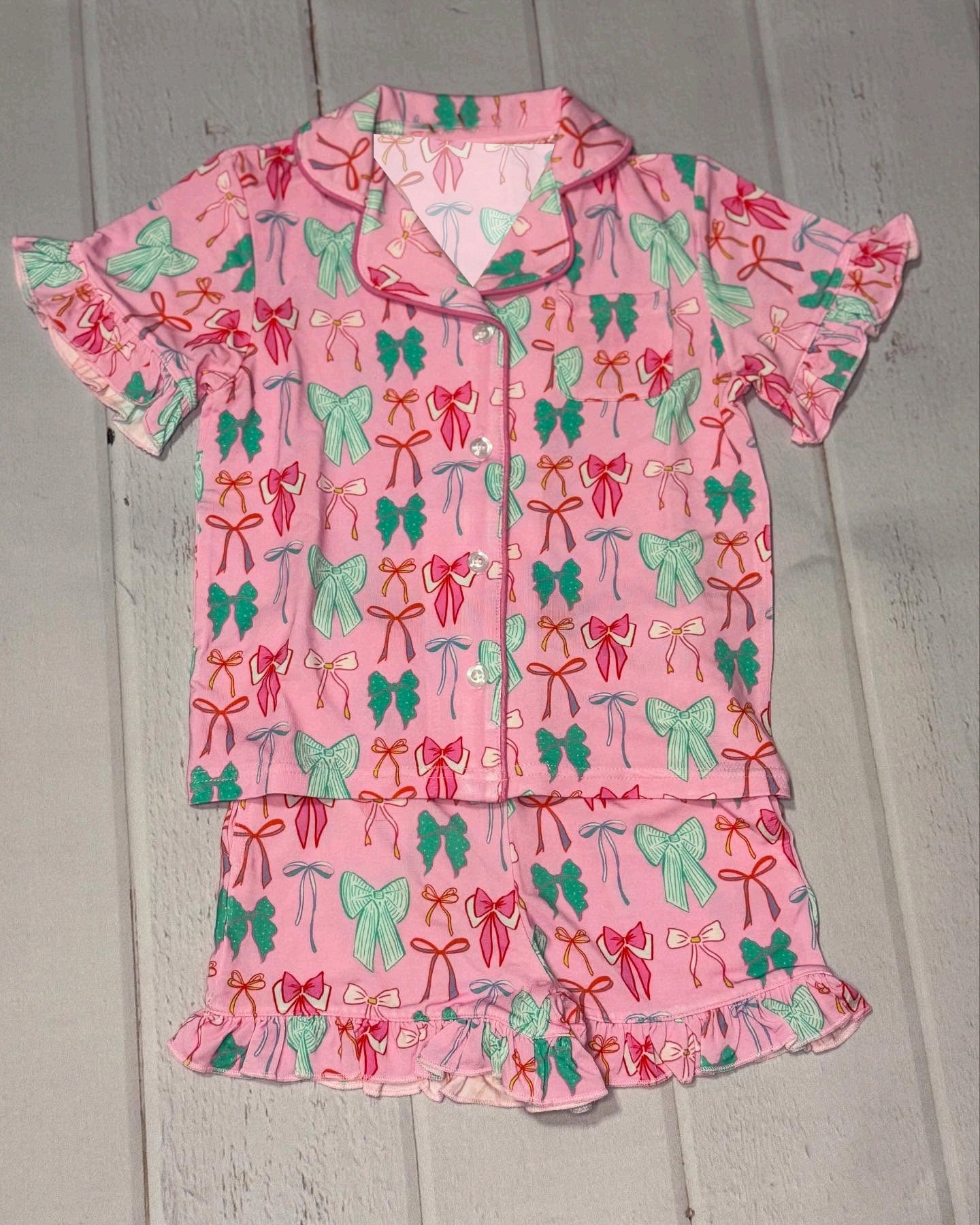 Ruffle short sleeves colorful bow kids girls button down pajamas