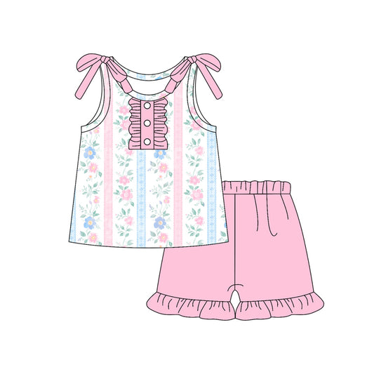 Sleeveless blue pink floral top shorts girls summer clothes