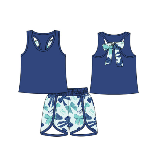 Blue sleeveless bow top shorts kids girls summer clothes