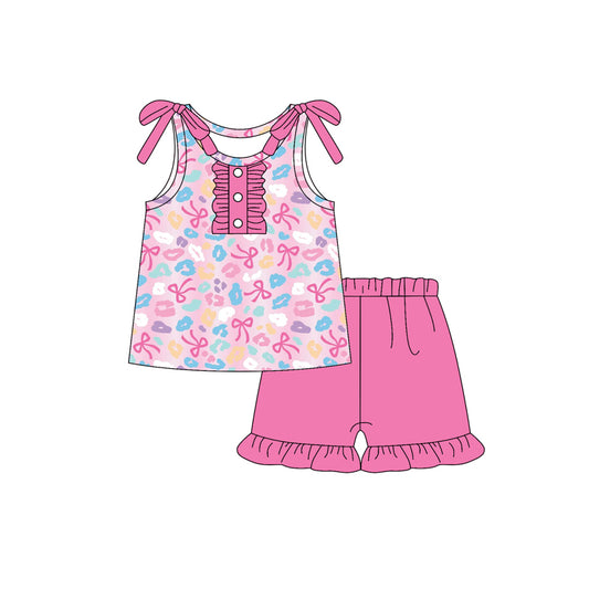 Sleeveless leopard bow top pink ruffle shorts girls clothes