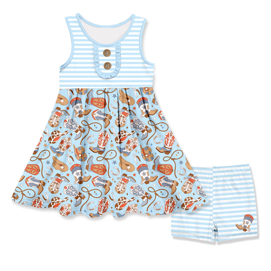 Sleeveless stripe boots hat tunic shorts western girl clothes