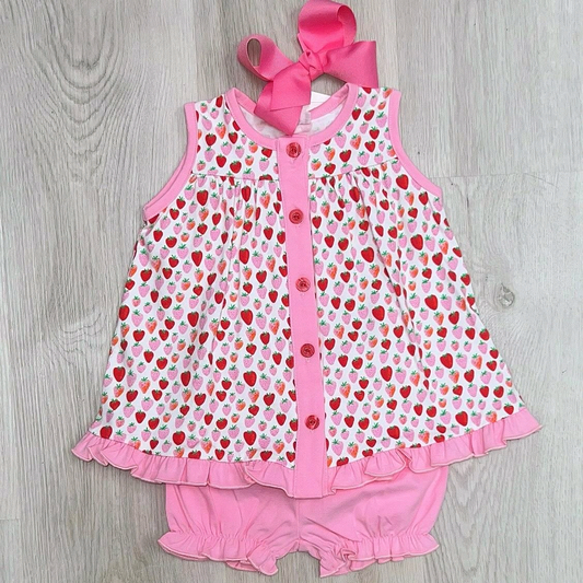Sleeveless strawberry ruffle top pink shorts girls clothes