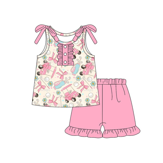 Sleeveless pink bow golf top ruffle shorts girls clothes