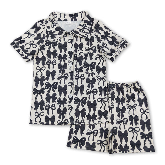 Black bow adult women summer button down pajamas