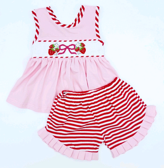 Sleeveless pink bow strawberry tunic shorts girls clothes