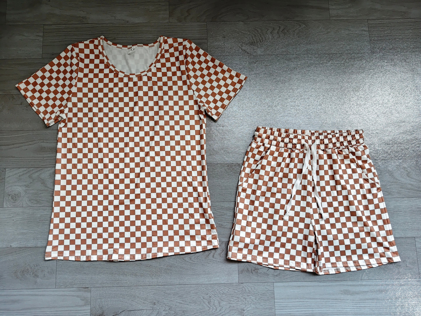 Short sleeves khaki plaid top shorts adult women pjs