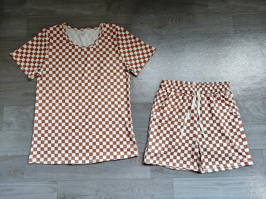Short sleeves khaki plaid top shorts adult women pjs
