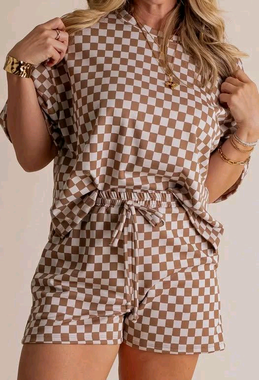 Short sleeves khaki plaid top shorts women clothing