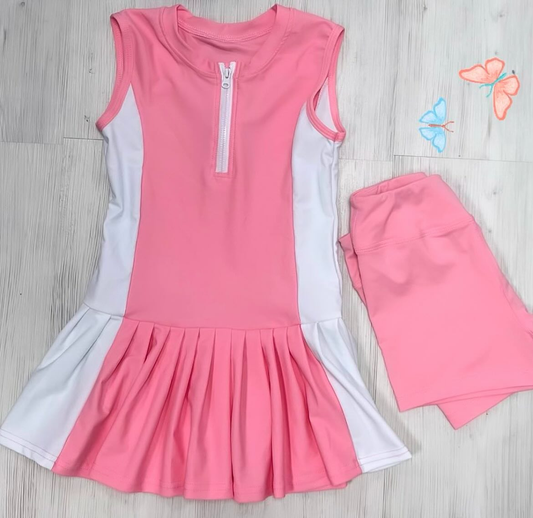 Sleeveless pink white patchwork tunic shorts girls activewear set